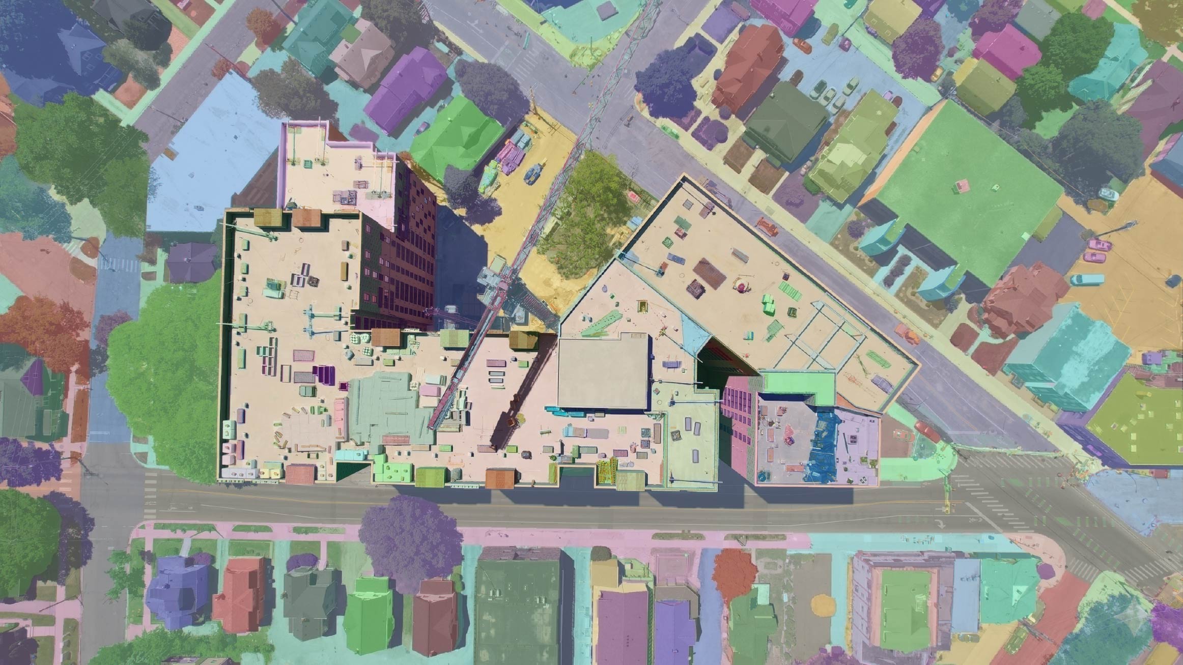 Aerial imagery with automated segmentation identifying building features and site elements for quantity documentation