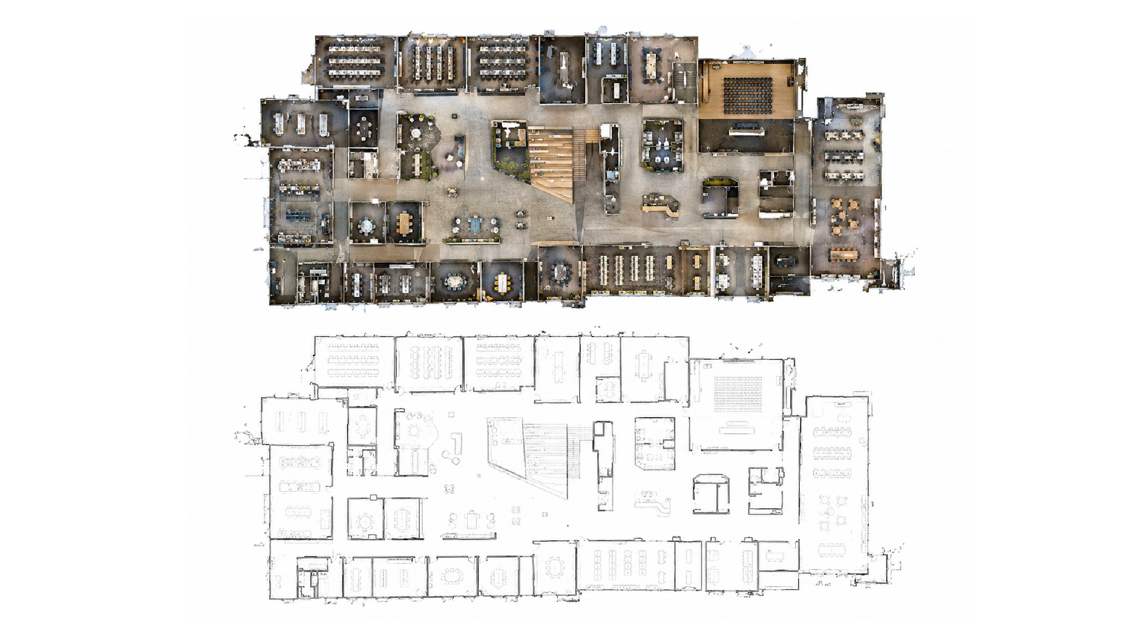 Comparison of a 3D LiDAR scan and its corresponding architectural floor plan